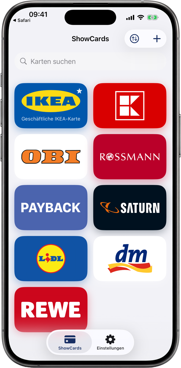 Das ShowCards-Wallet, ein Raster aus Kundenkarten in Markenfarben