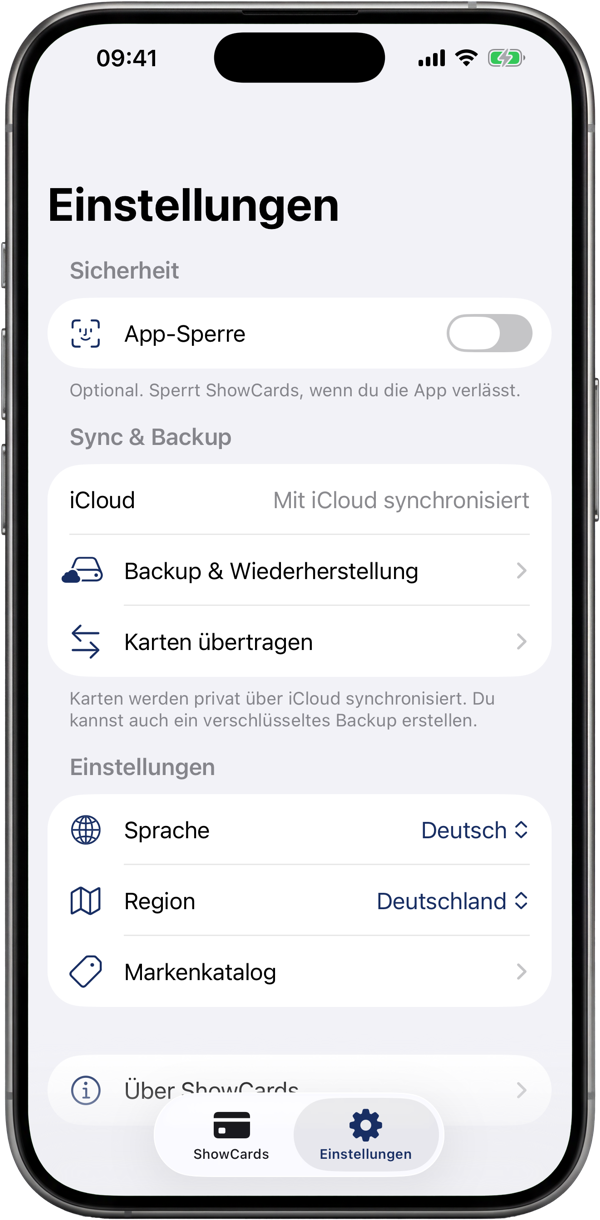 Der ShowCards-Einstellungsbildschirm: App-Sperre, Cloud-Sync und Backups