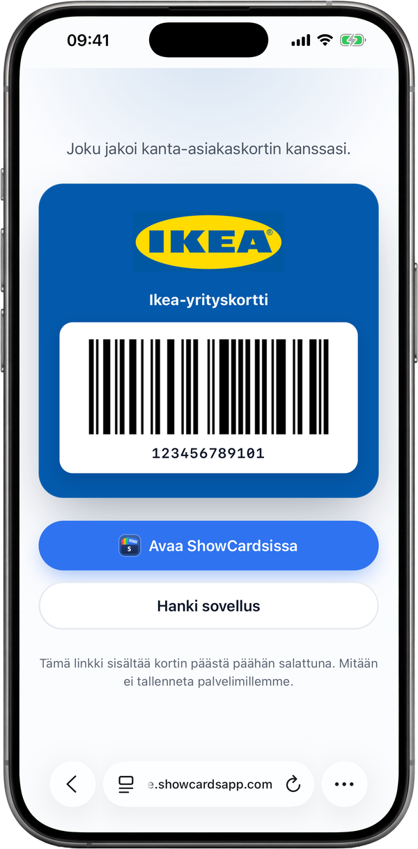 Kanta-asiakaskortin jakaminen ShowCardsista yksityisellä linkillä
