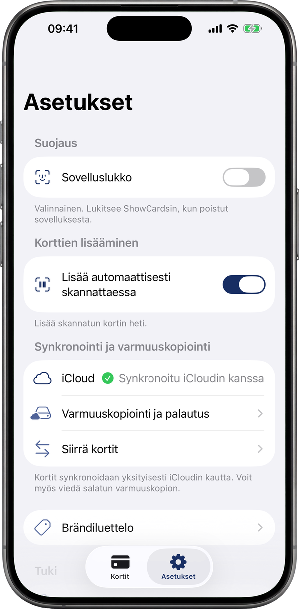 ShowCardsin asetusnäyttö: sovelluslukko, pilvisynkronointi ja varmuuskopiot