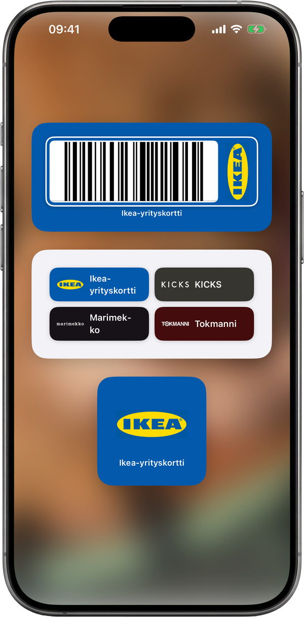 ShowCards-widgetit kotinäytöllä: viivakoodi ja korttiruudukko
