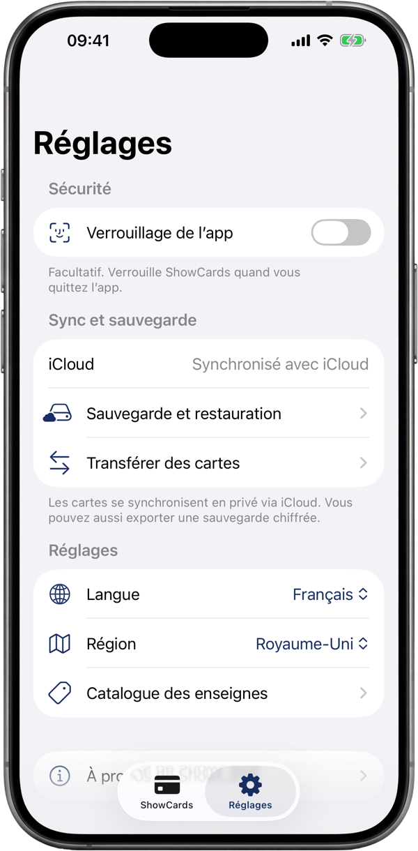 L'écran des réglages de ShowCards : verrouillage de l'application, synchronisation cloud et sauvegardes