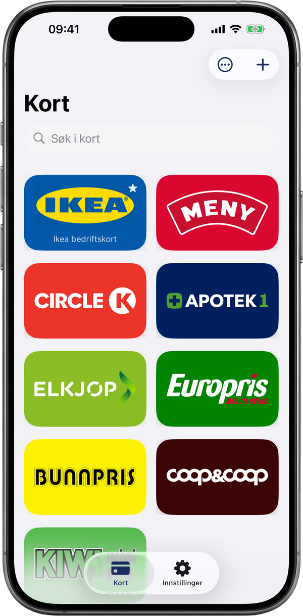 ShowCards-lommeboken, et rutenett av fliser i merkefarger