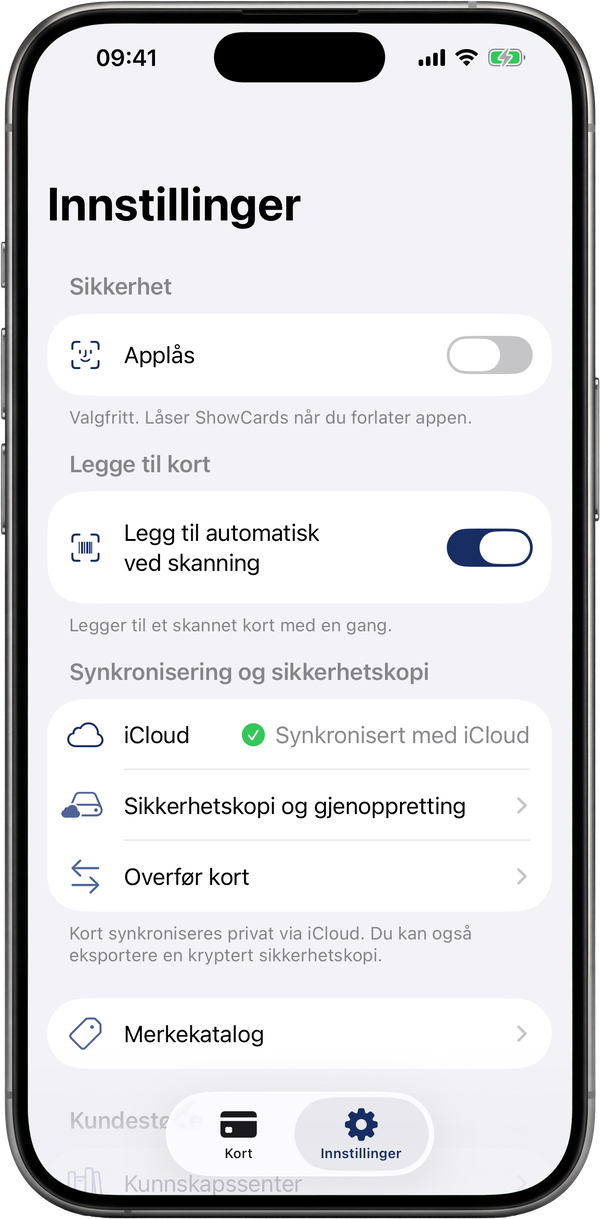 Innstillingsskjermen i ShowCards: app-lås, skysynkronisering og sikkerhetskopier