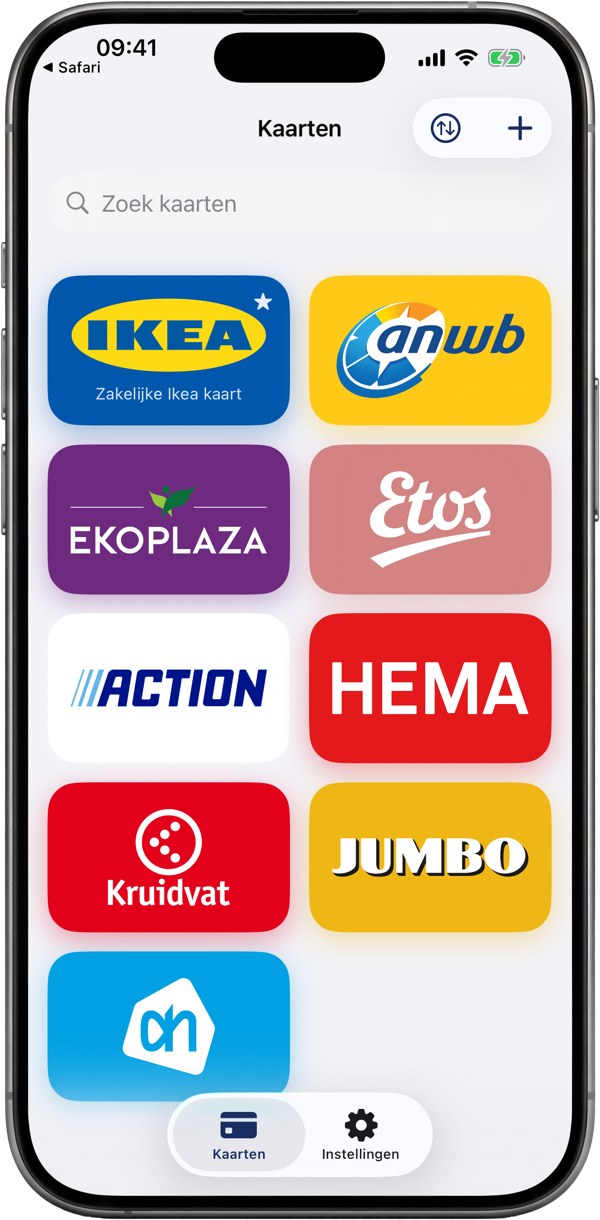 De ShowCards-wallet, een raster van klantenkaarten in merkkleuren