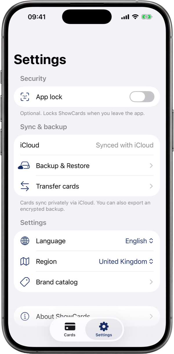 The ShowCards settings screen: app lock, cloud sync and backups