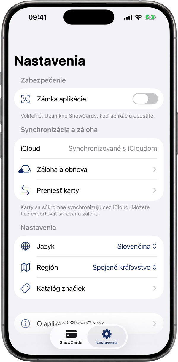 Obrazovka nastavení ShowCards: zámok aplikácie, synchronizácia v cloude a zálohy