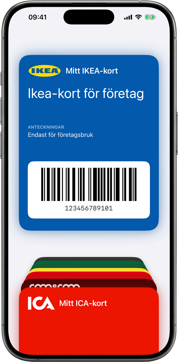 Ett lojalitetskort tillagt i Apple Wallet som ett kort med streckkod